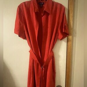 Jones New York Bold Red Silk Short Sleeve Plus Size 16 Button Down Shirt Dress